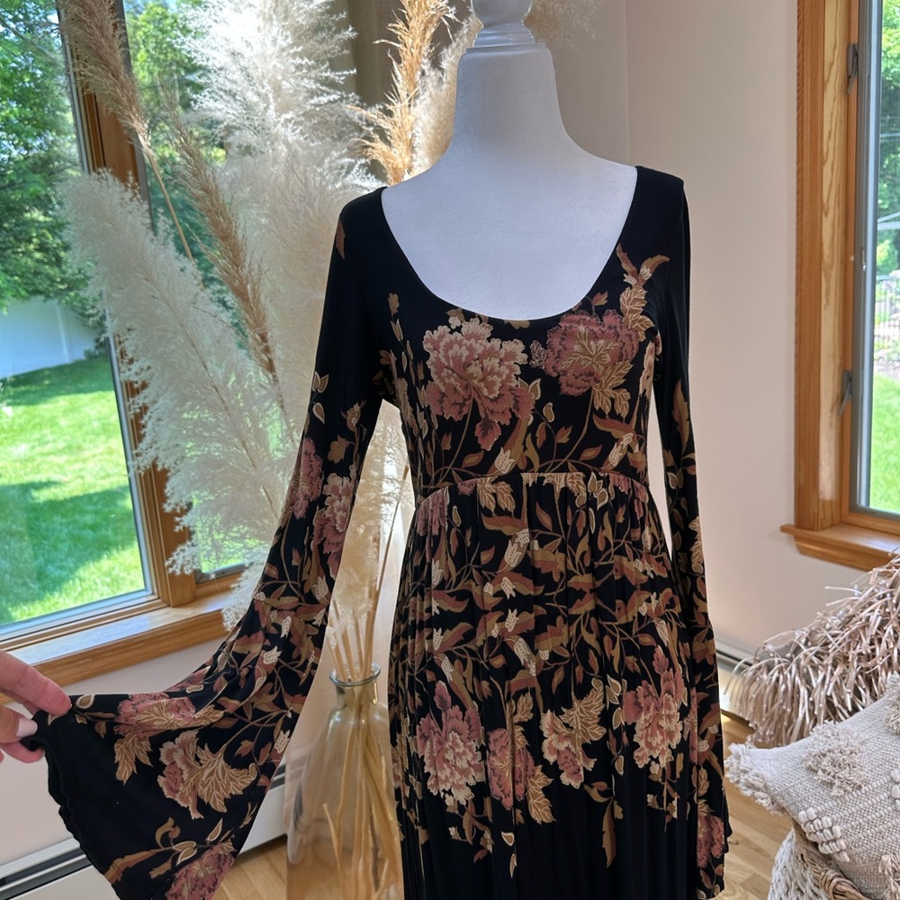 Free People Black and Gold Floral Long Sleeve Dress